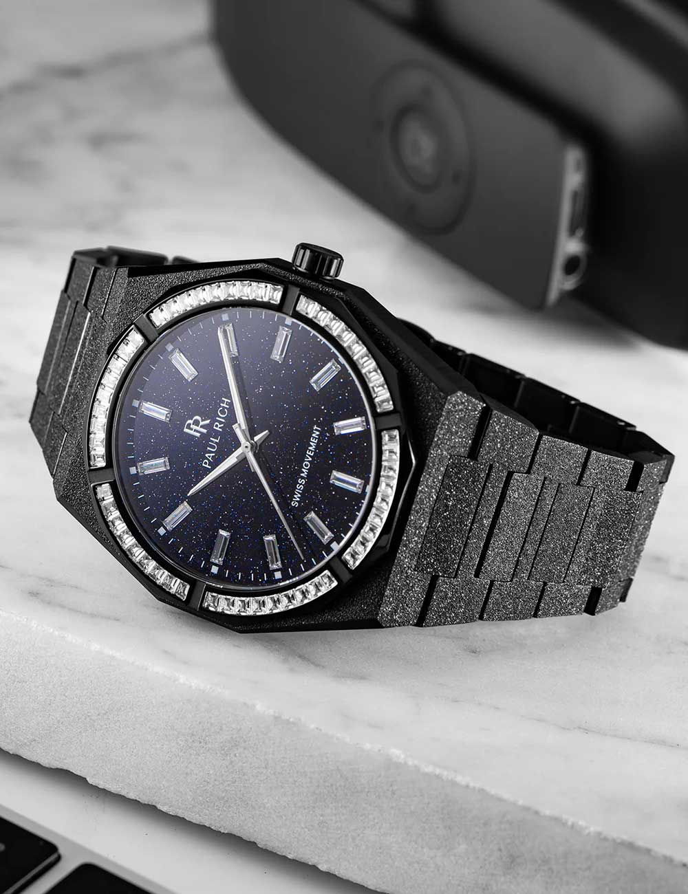 Paul Rich Moissanite Frosted Star Dust II Black Quartz PR-46704 43mm 5 ATM Blue Dial Men's Watch