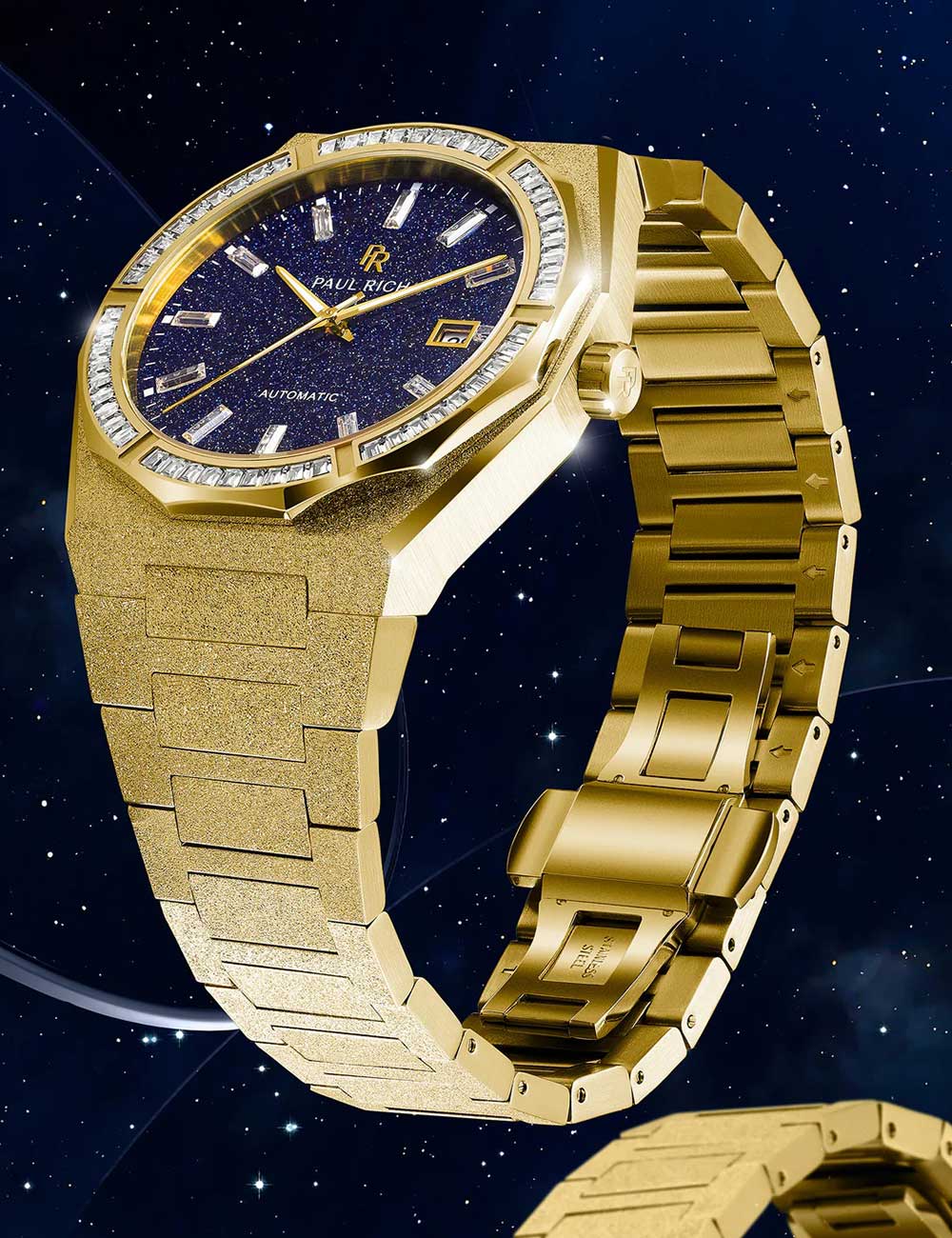 Paul Rich Moissanite Frosted Star Dust II Gold Quartz PR-46705 43mm 5 ATM Blue Dial Men's Watch