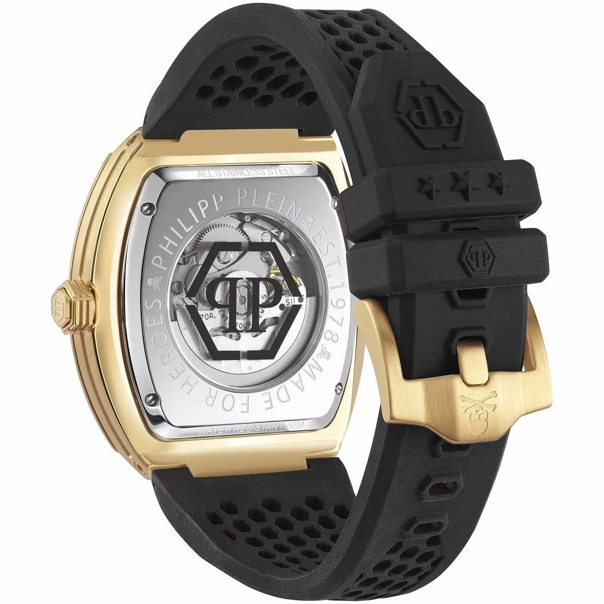 Philipp Plein Stainless Steel Silicone Strap Gold Dial 44mm Men's Watch